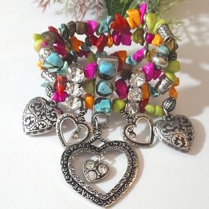 Handmade Multi-Gemstone & Crystal Heart Charm Dangle Statement Bracelet